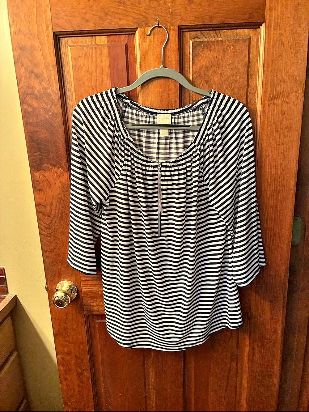 Chico top, size 1 or 8-10 Medium, NAVY BLUE and WHITE stripe. 3/4 sleeves.